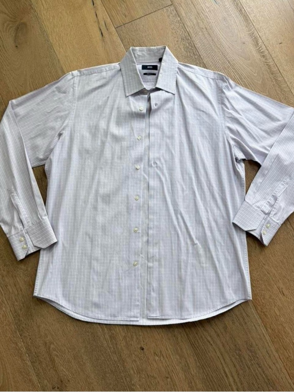 Hugo Boss White Dress Shirt with Subtle Gray Pinstripes | Size Medium